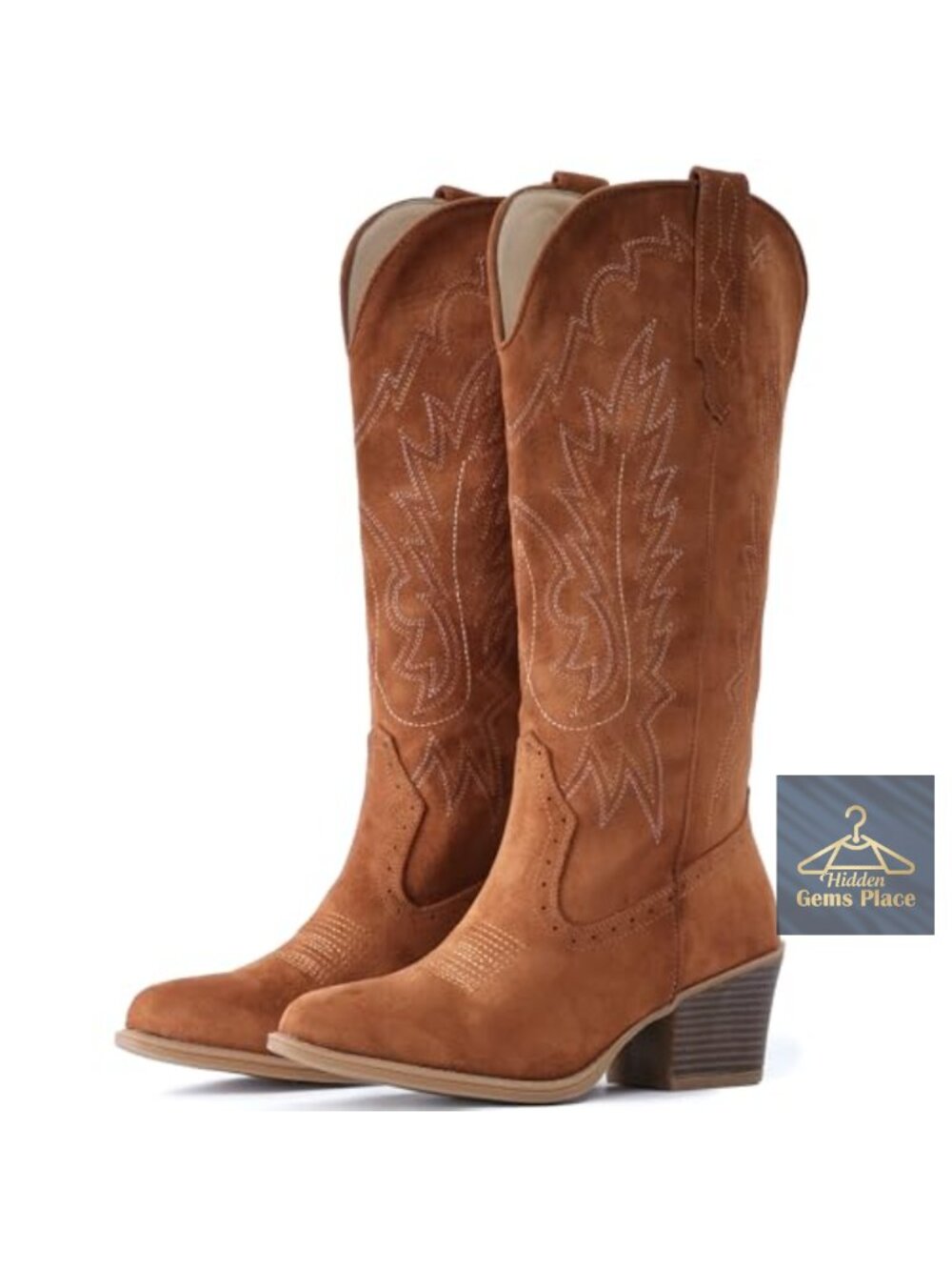 Suede Cowboy Boots Women Chunky Heel Pointed Toe Mid-Calf Western